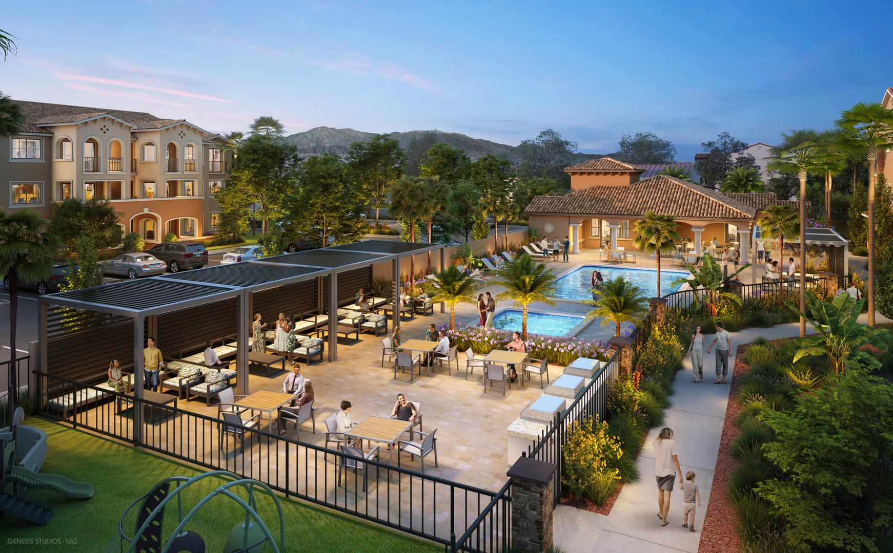 Pool and amenity deck at dusk